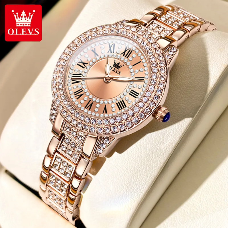 OLEVS Ladies Roman Dial Round Diamond Waterproof Luminous Luxury Wrist Watch